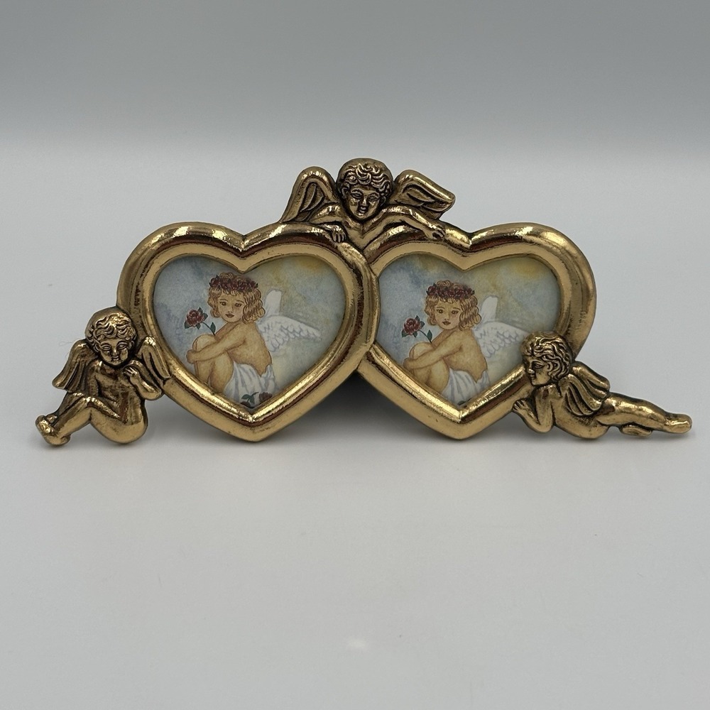 Vintage Brass Angels Trio Twin Heart Picture Frame Cherub Photo Holder Barouque - Picture 7 of 13